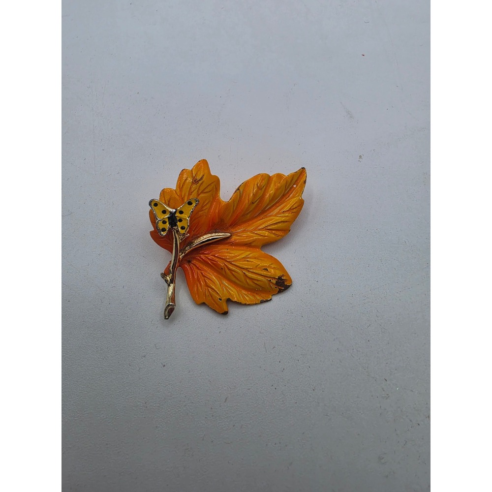 Vintage Orange Enamel Maple Leaf Brooch with Butterfly Autumn Fall Pin